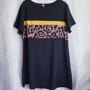 NWT Leopard & Yellow Stripe Crewneck Short Sleeve Tunic Top